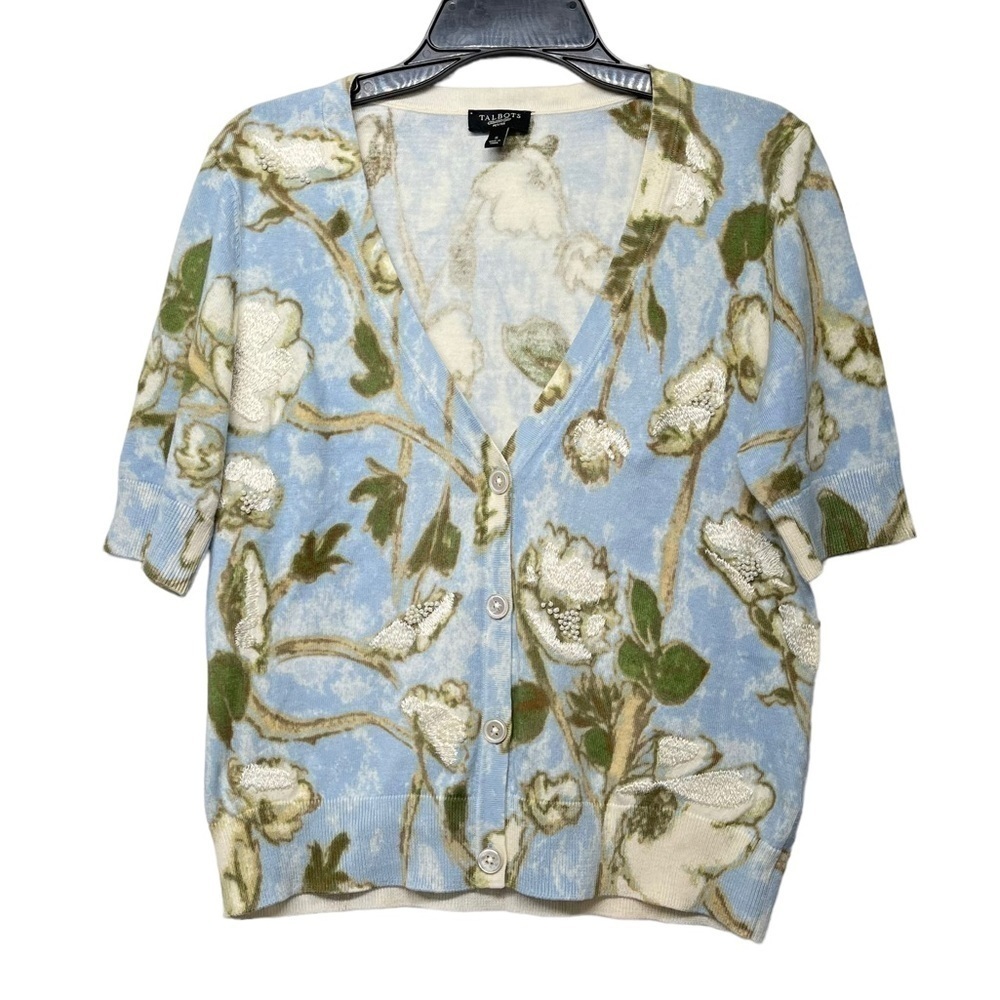 Talbots Light Blue Floral Short Sleeve Button Up Cardigan Size Small